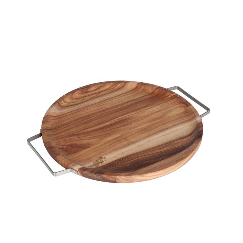 ACACIA TRAY WITH METAL HANDLE ROUND